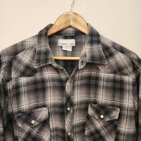 VTG Wrangler Wrancher Mens 2XT Tall Gray Pearl Snap Shirt Flannel Plaid Western - Picture 2 of 11
